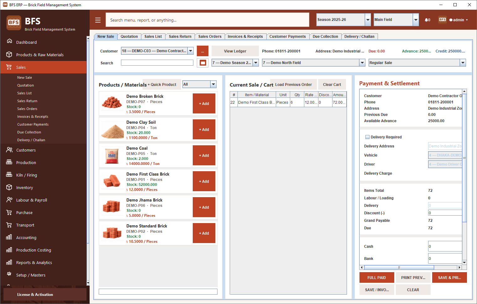 BFS ERP Sales Management Dashboard Interface for Brick Field Manufacturing and Distribution